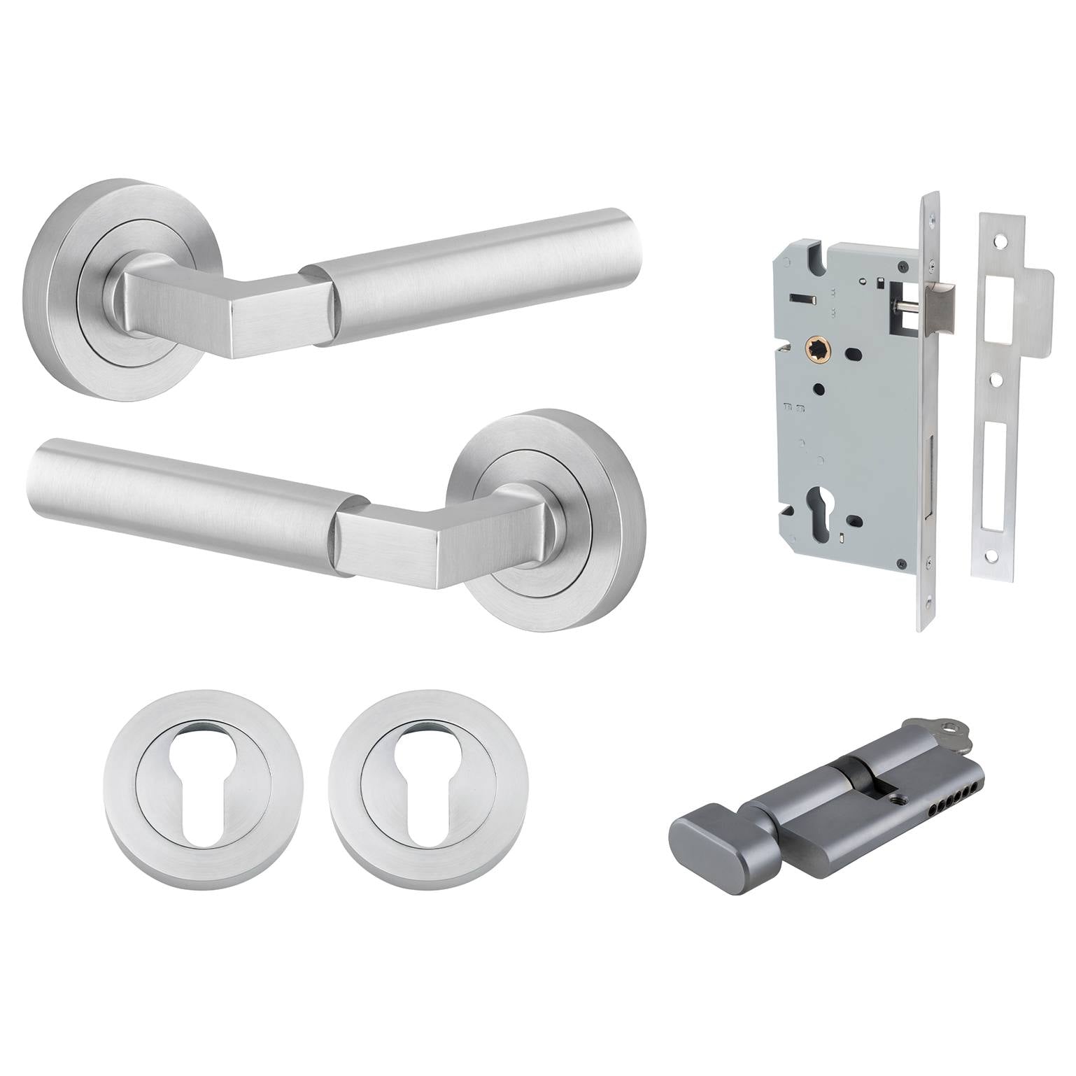 Berlin Lever Round Rose Entrance Kit w High Security Lock Brushed Chrome