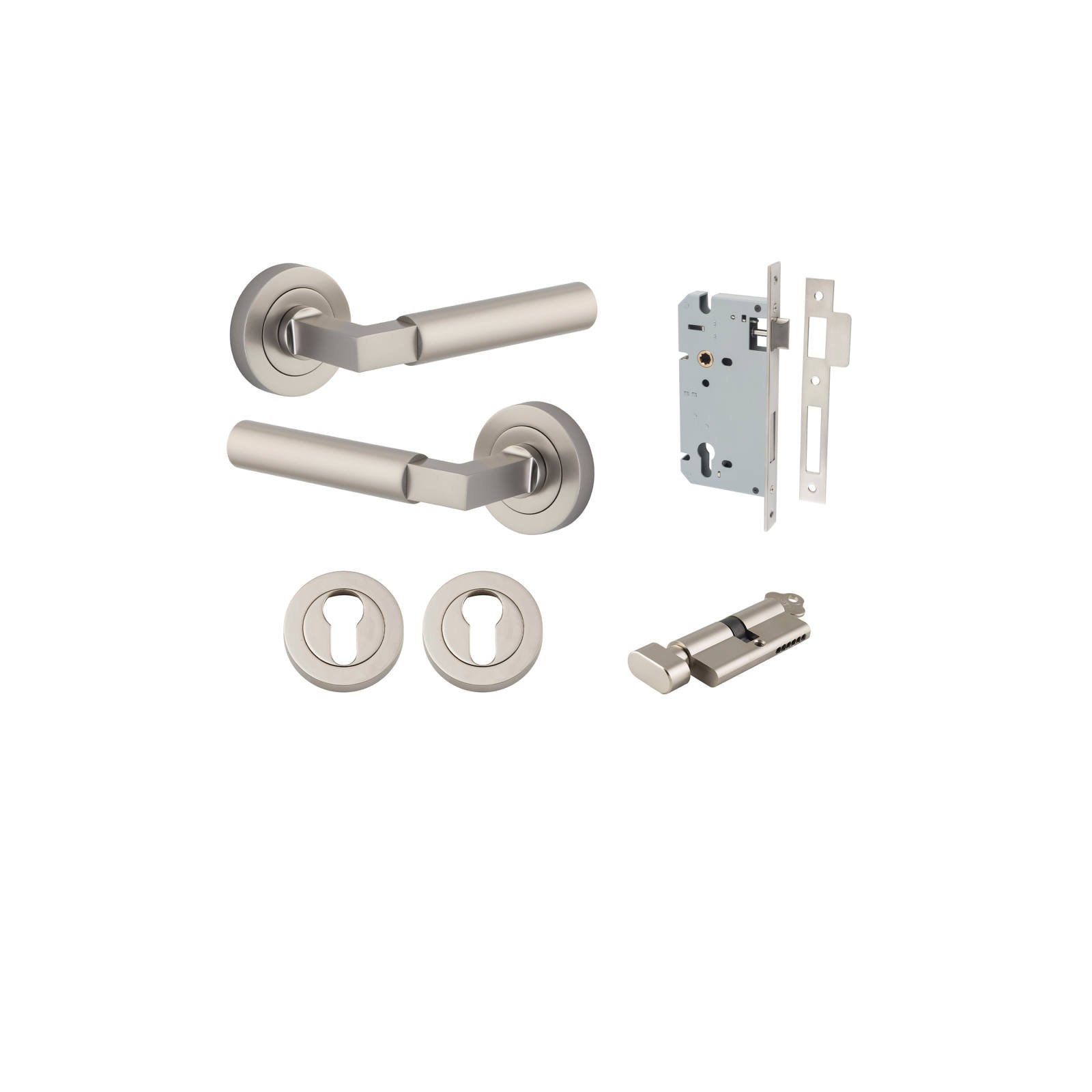 Berlin Lever Round Rose Entrance Kit w High Security Lock Satin Nickel