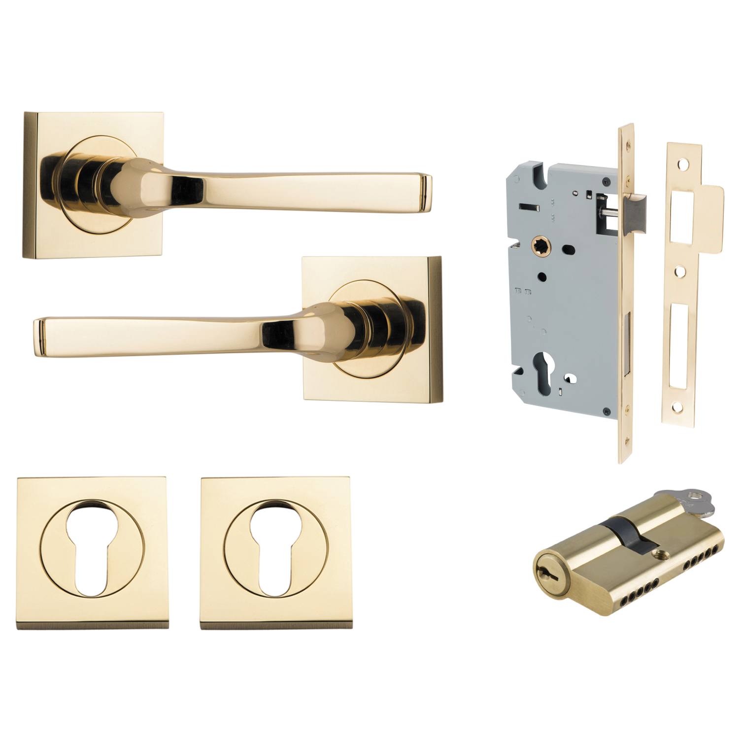 Annecy Lever Square Rose Entrance Kit w Separate High Security Lock Polished Brass