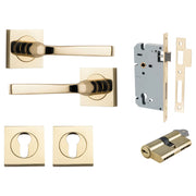 Annecy Lever Square Rose Entrance Kit w Separate High Security Lock Polished Brass