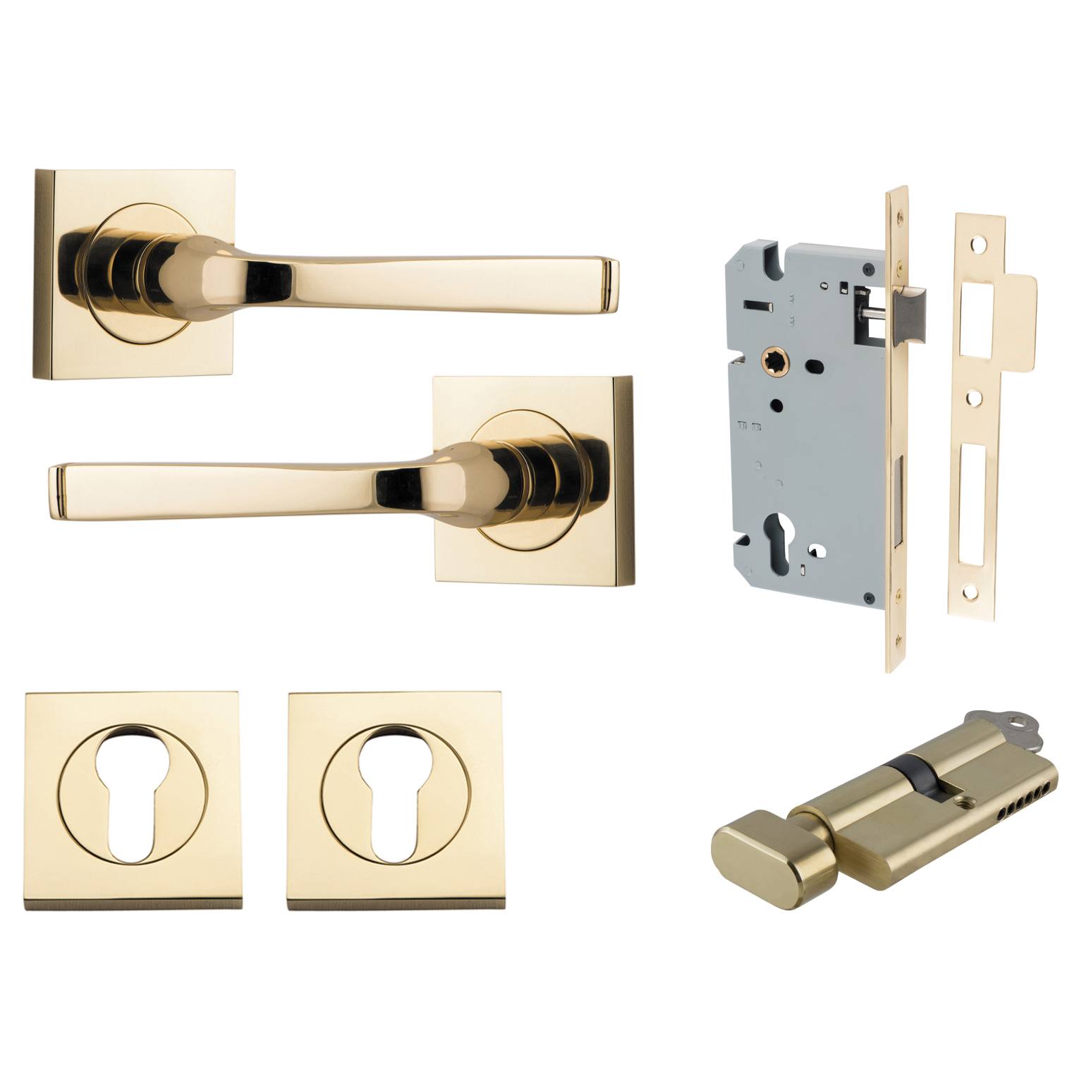 Annecy Lever Square Rose Entrance Kit w Separate High Security Lock Polished Brass