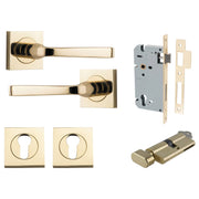 Annecy Lever Square Rose Entrance Kit w Separate High Security Lock Polished Brass