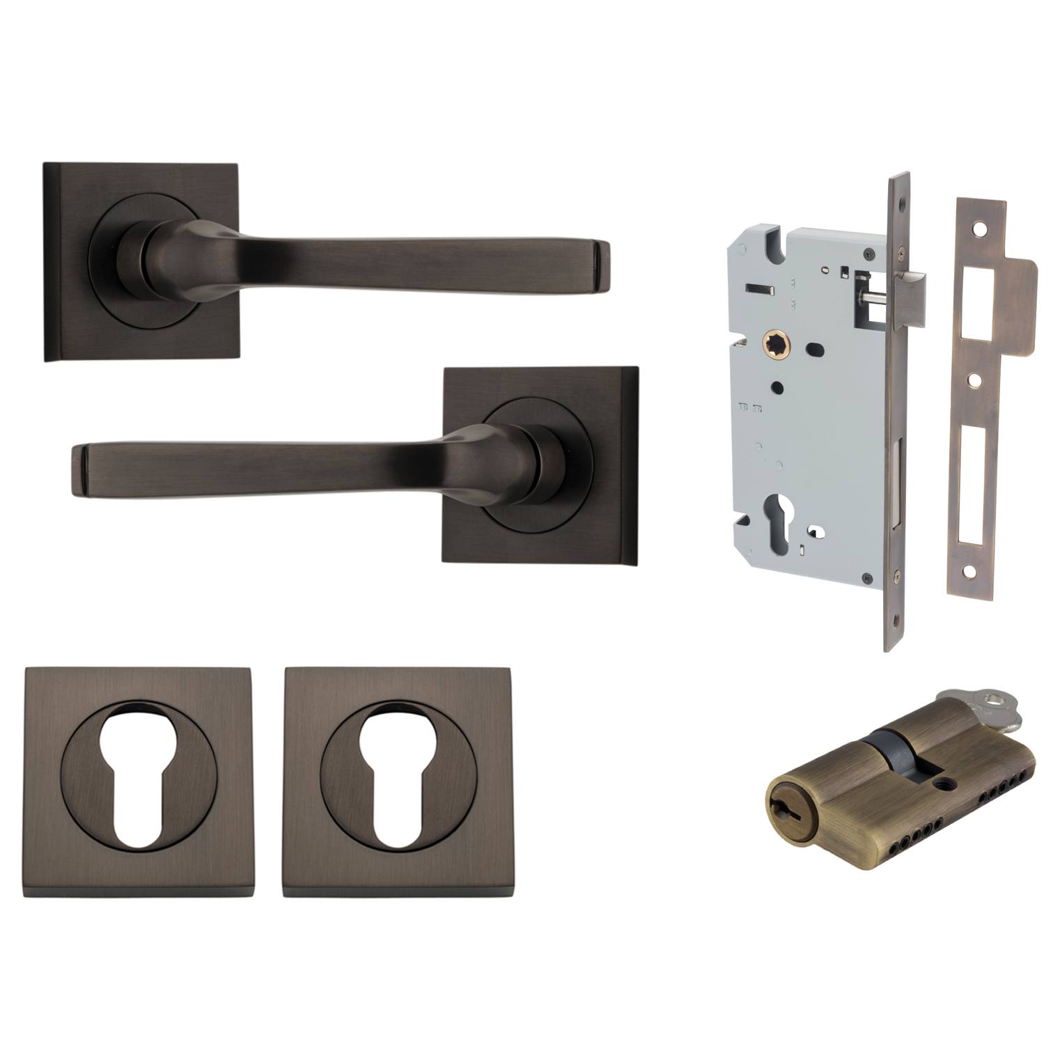 Annecy Lever Square Rose Entrance Kit w Separate High Security Lock Signature Brass