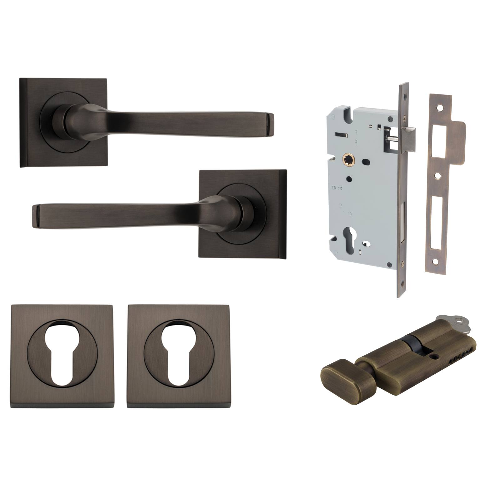 Annecy Lever Square Rose Entrance Kit w Separate High Security Lock Signature Brass