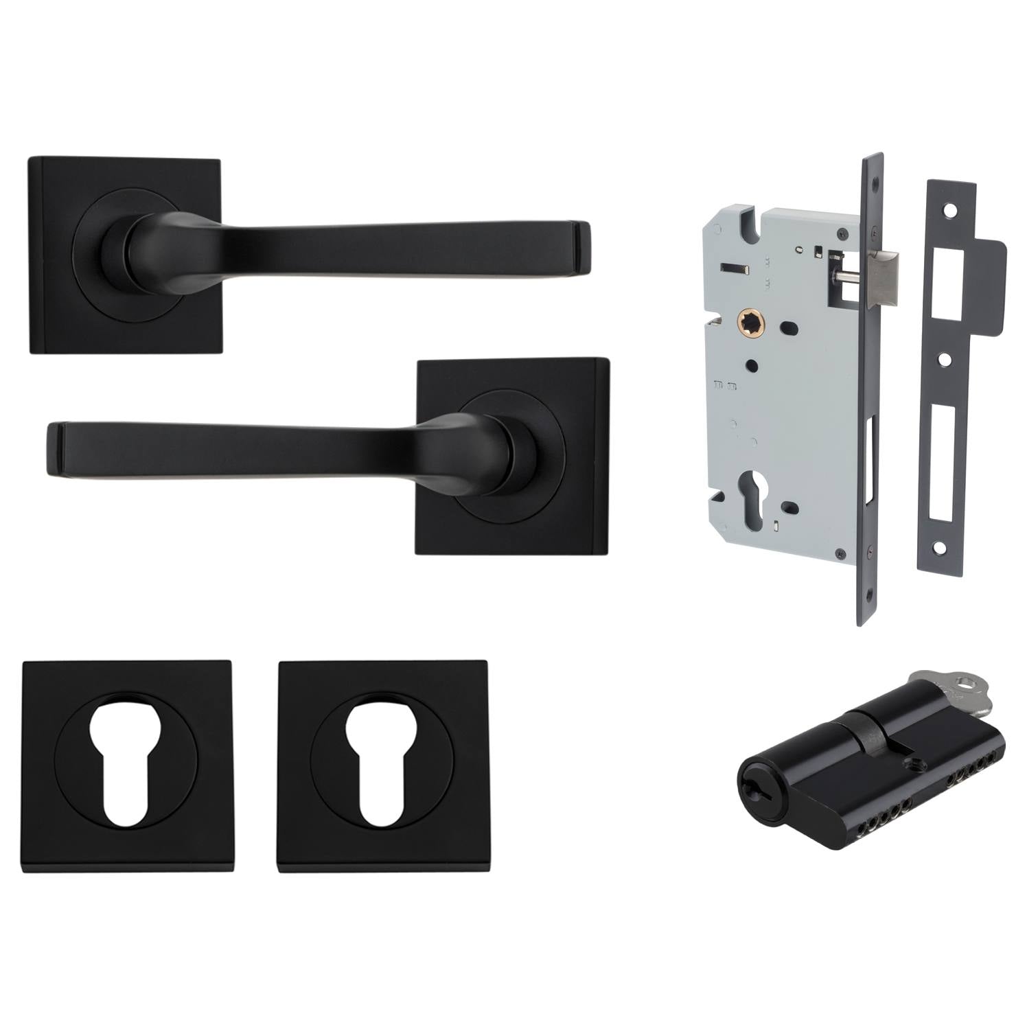 Annecy Lever Square Rose Entrance Kit w Separate High Security Lock Matt Black