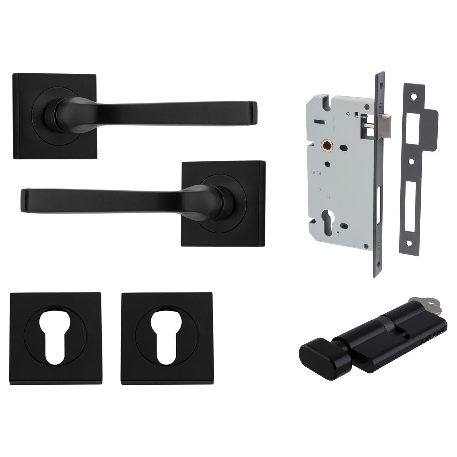Annecy Lever Square Rose Entrance Kit w Separate High Security Lock Matt Black