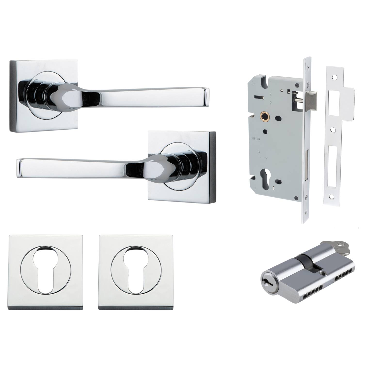 Annecy Lever Square Rose Entrance Kit w Separate High Security Lock Polished Chrome