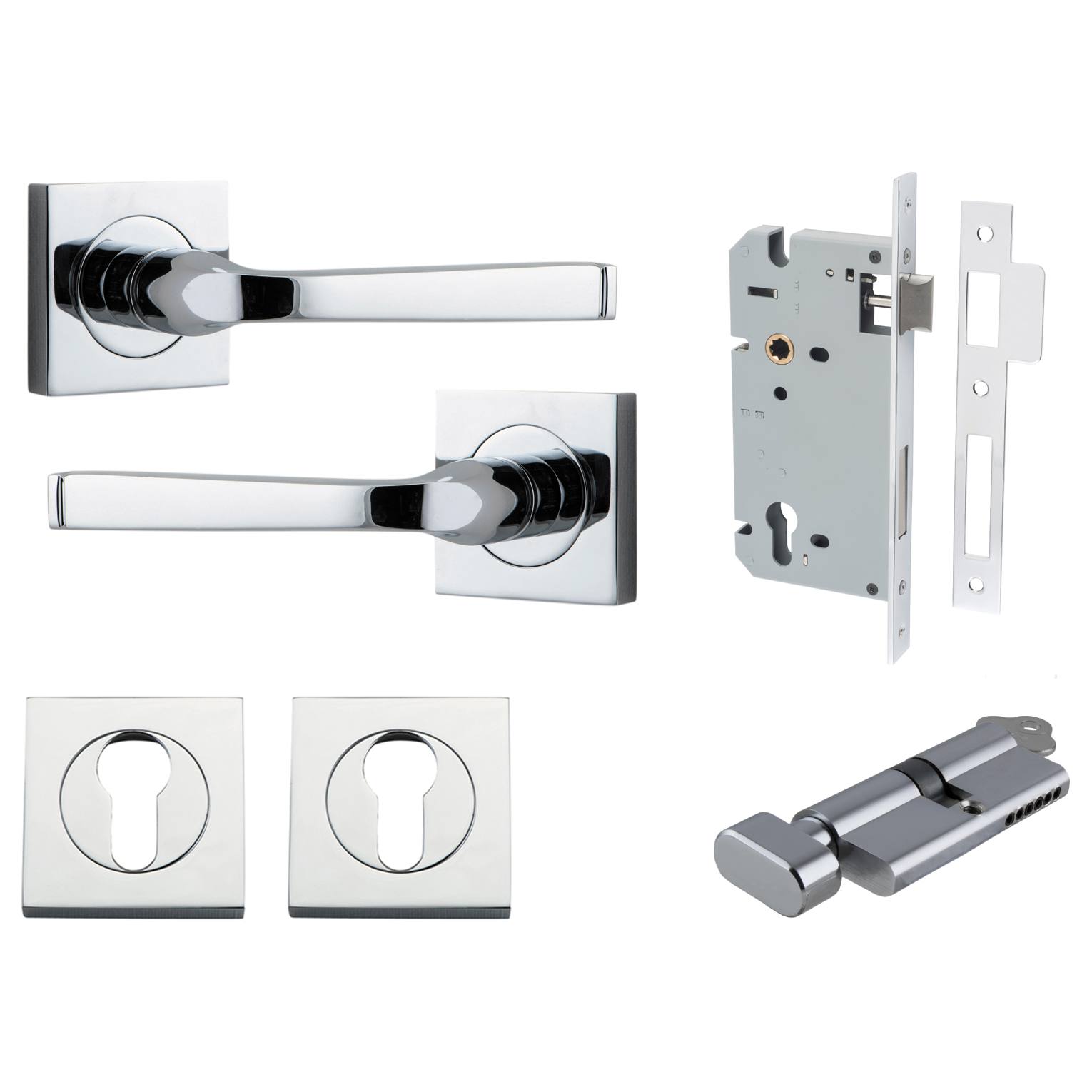 Annecy Lever Square Rose Entrance Kit w Separate High Security Lock Polished Chrome