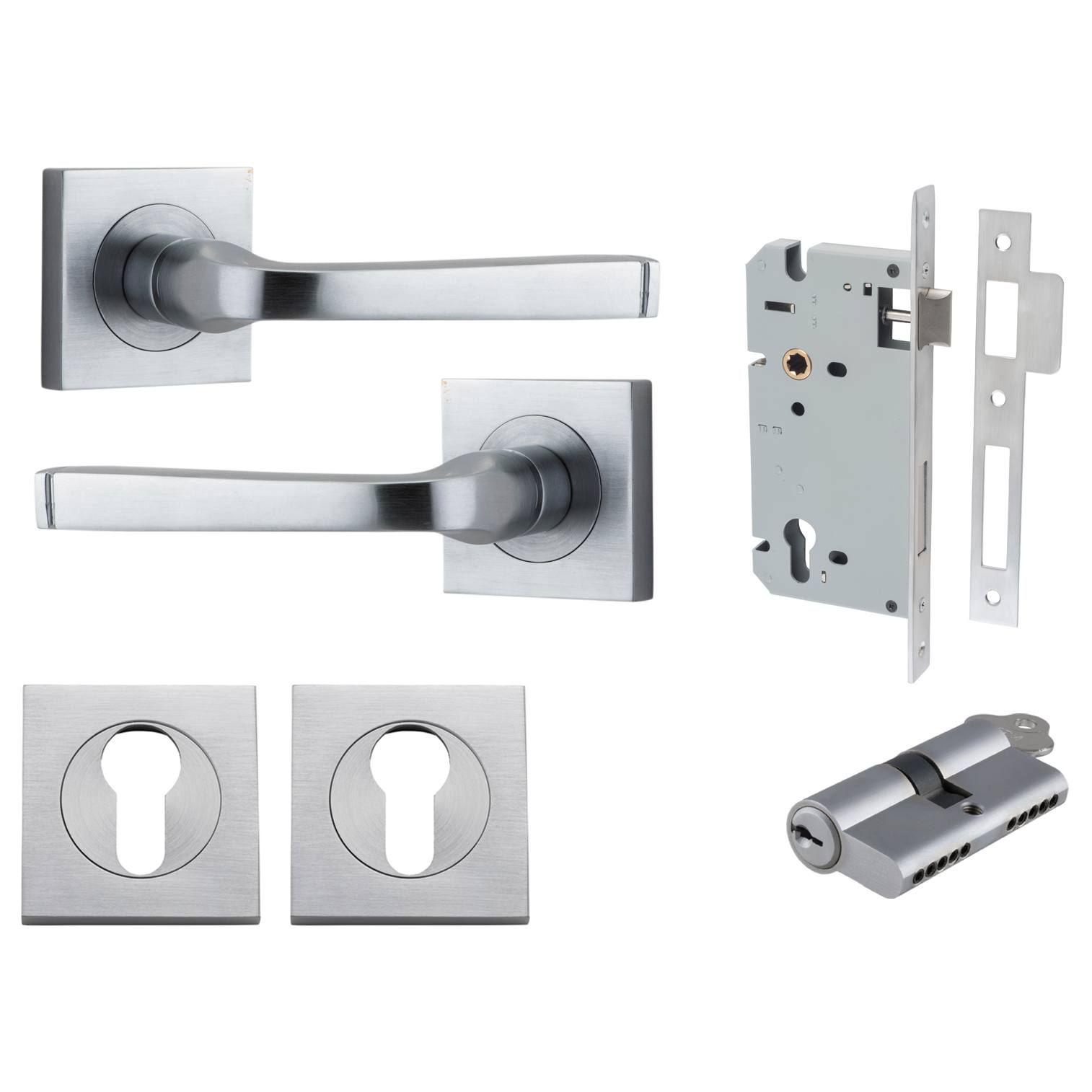 Annecy Lever Square Rose Entrance Kit w Separate High Security Lock Brushed Chrome
