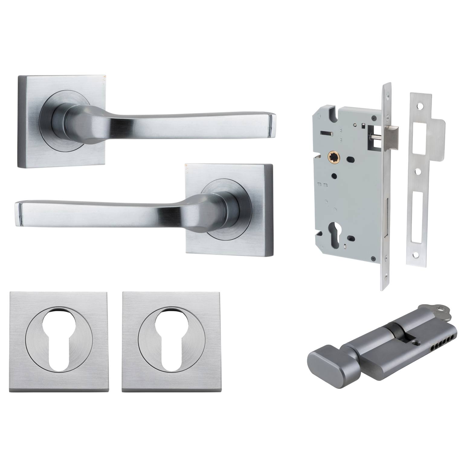 Annecy Lever Square Rose Entrance Kit w Separate High Security Lock Brushed Chrome