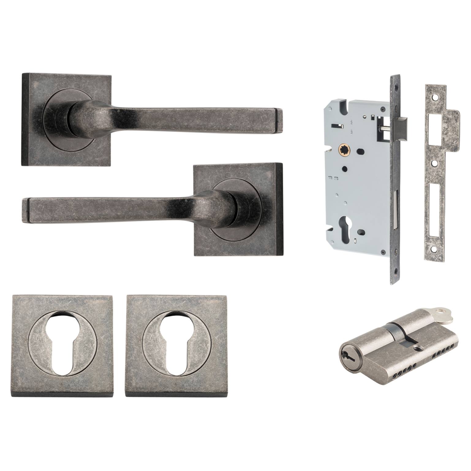 Annecy Lever Square Rose Entrance Kit w Separate High Security Lock Distressed Nickel