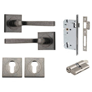 Annecy Lever Square Rose Entrance Kit w Separate High Security Lock Distressed Nickel