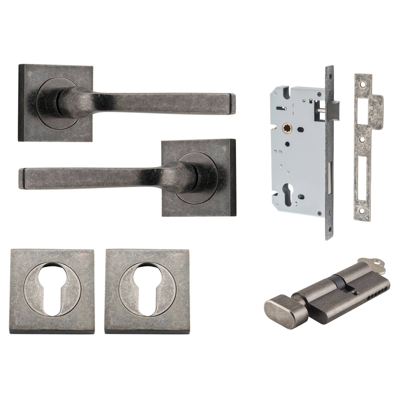 Annecy Lever Square Rose Entrance Kit w Separate High Security Lock Distressed Nickel