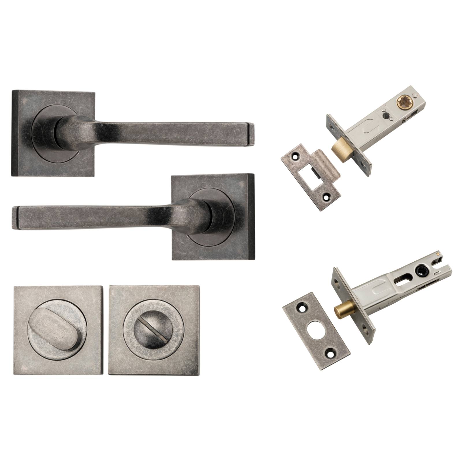 Annecy Lever Square Rose Privacy Kit w Separate Privacy Turn Distressed Nickel