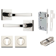 Annecy Lever Square Rose Entrance Kit w Separate High Security Lock Polished Nickel