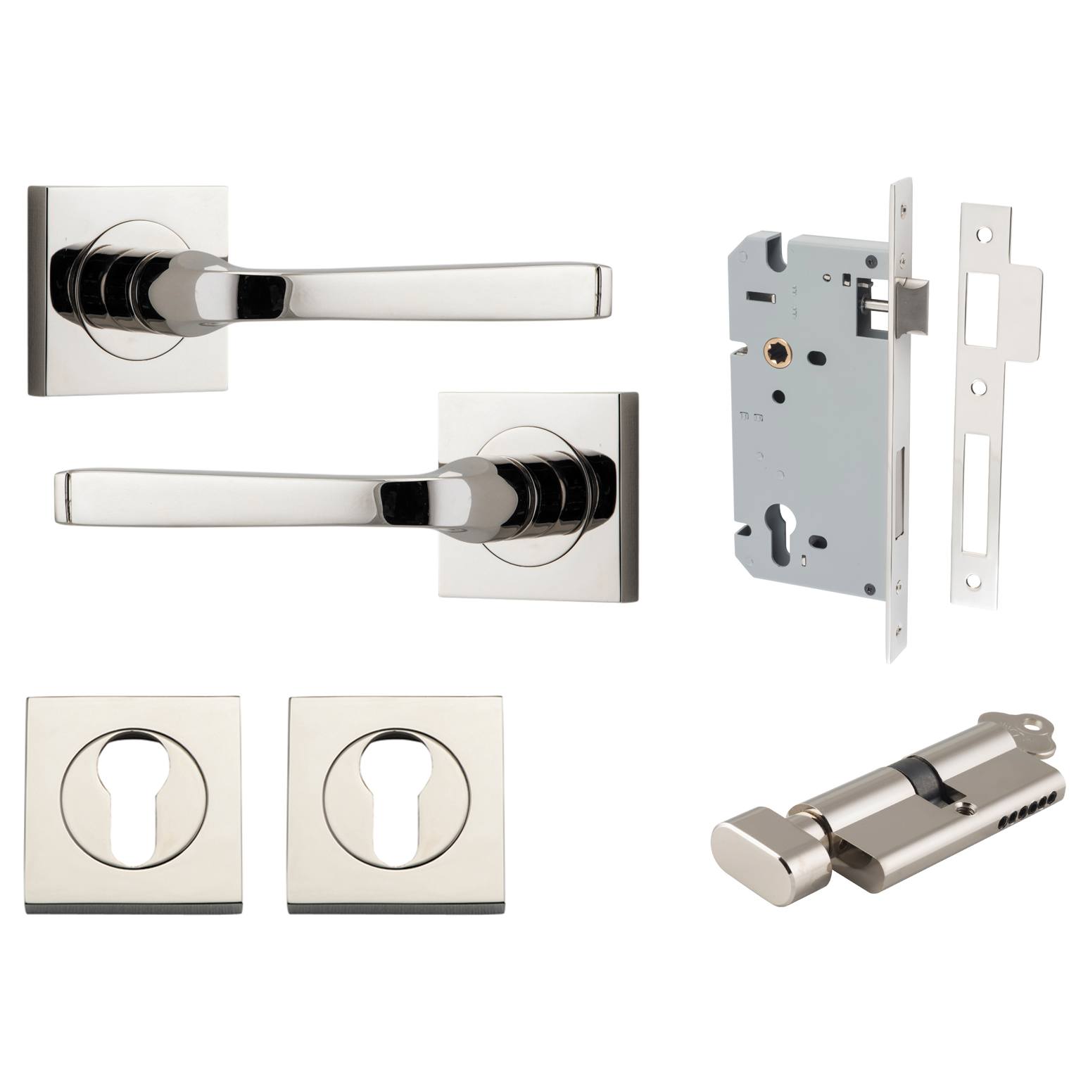 Annecy Lever Square Rose Entrance Kit w Separate High Security Lock Polished Nickel