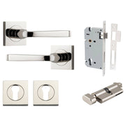 Annecy Lever Square Rose Entrance Kit w Separate High Security Lock Polished Nickel