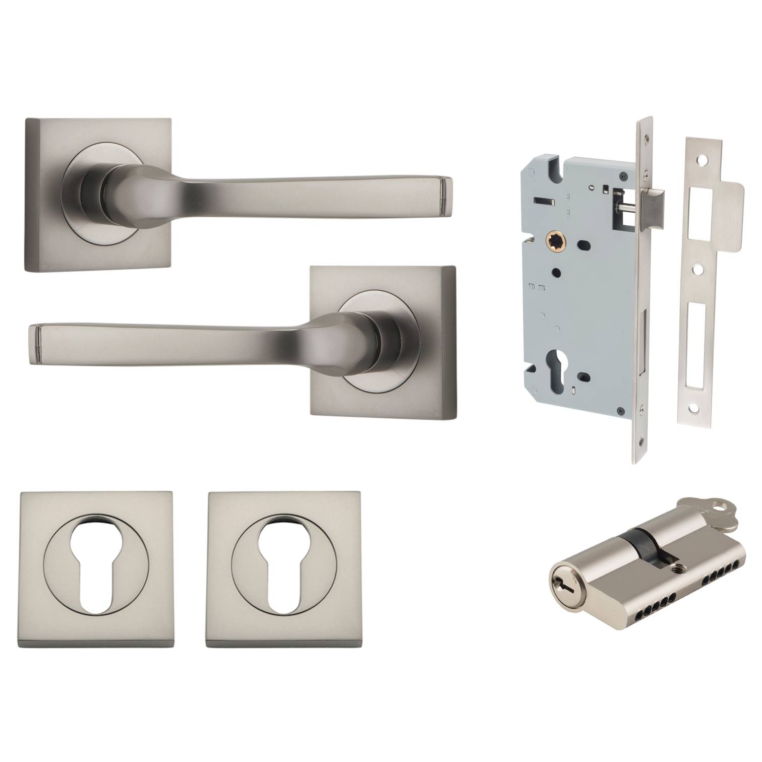 Annecy Lever Square Rose Entrance Kit w Separate High Security Lock Satin Nickel