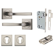 Annecy Lever Square Rose Entrance Kit w Separate High Security Lock Satin Nickel