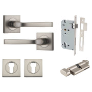 Annecy Lever Square Rose Entrance Kit w Separate High Security Lock Satin Nickel