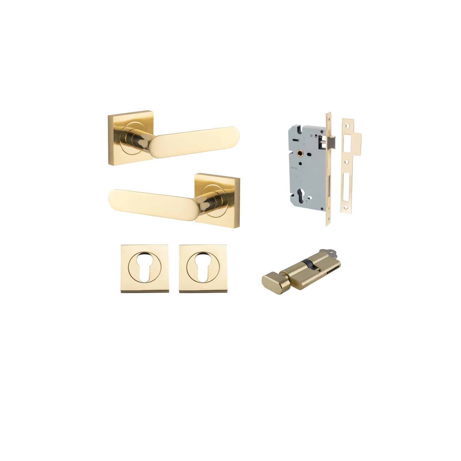 Bronte Lever Square Rose Entrance Kit w High Security Lock Polished Brass