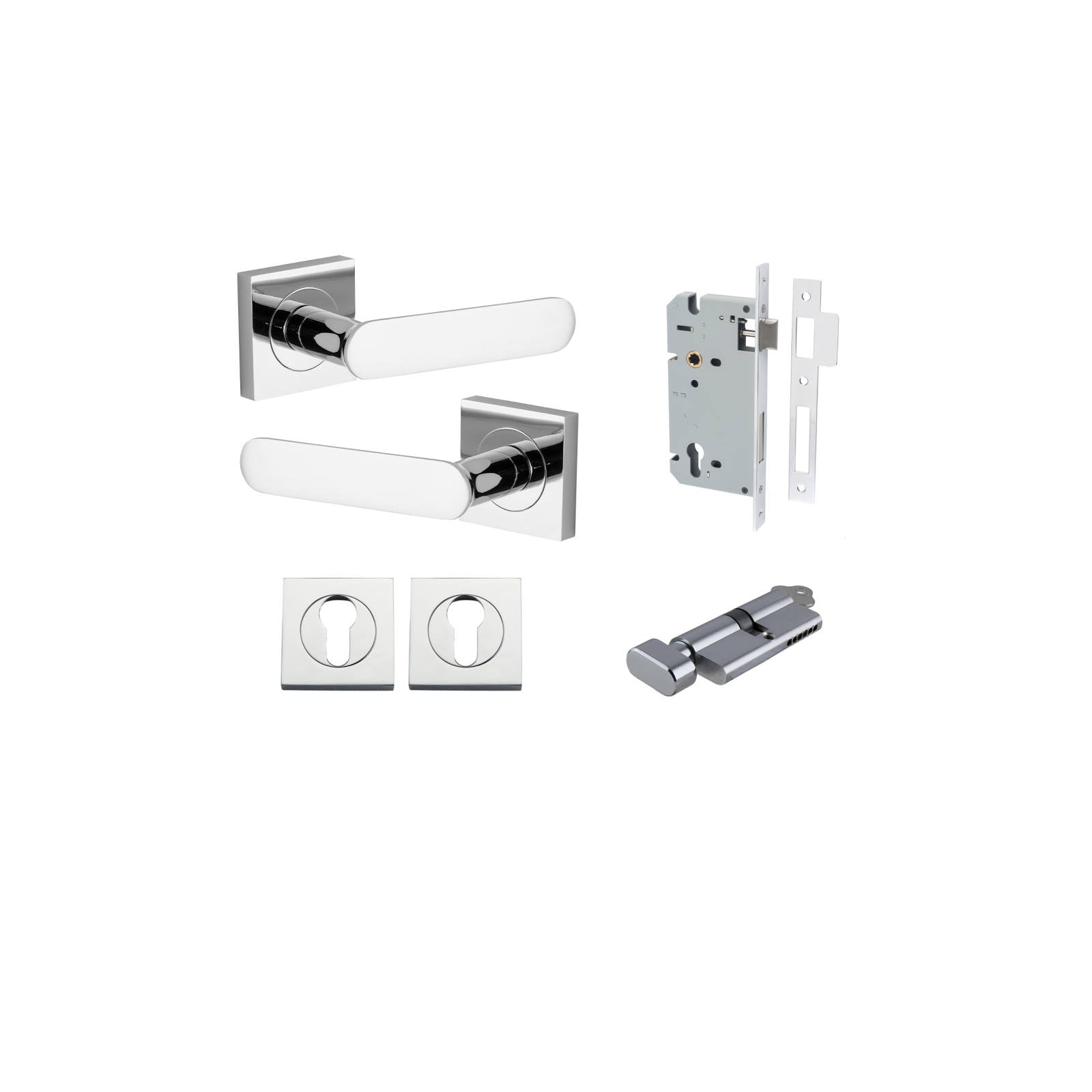 Bronte Lever Square Rose Entrance Kit w High Security Lock Polished Chrome