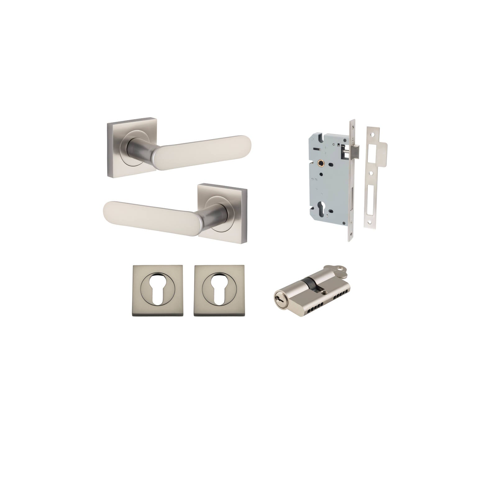 Bronte Lever Square Rose Entrance Kit w High Security Lock Satin Nickel