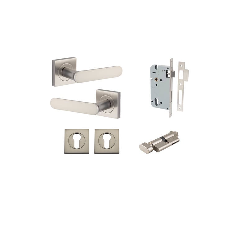 Bronte Lever Square Rose Entrance Kit w High Security Lock Satin Nickel