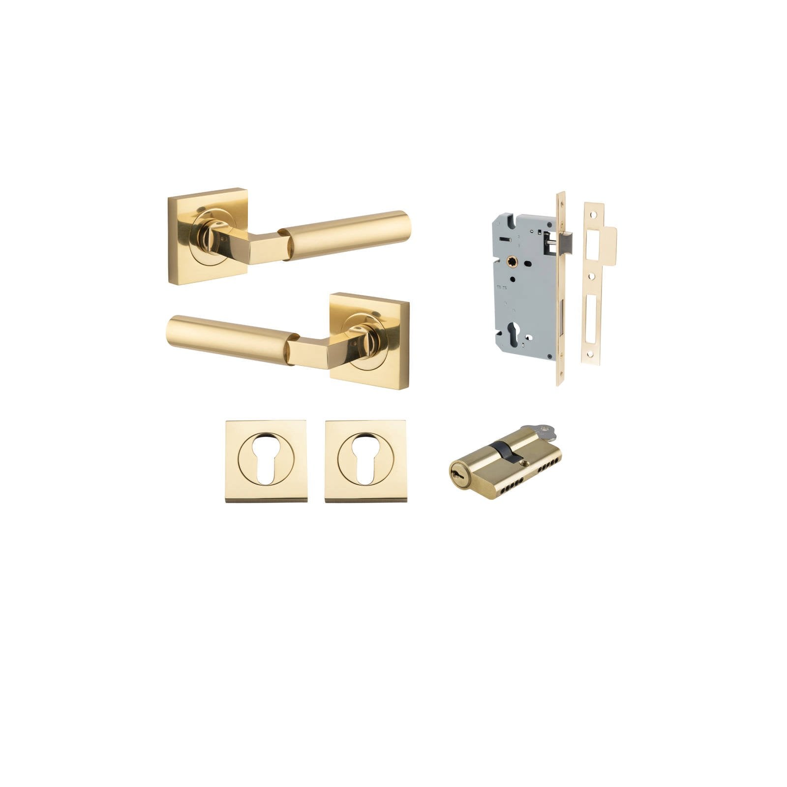 Berlin Lever Square Rose Entrance Kit w High Security Lock Polished Brass