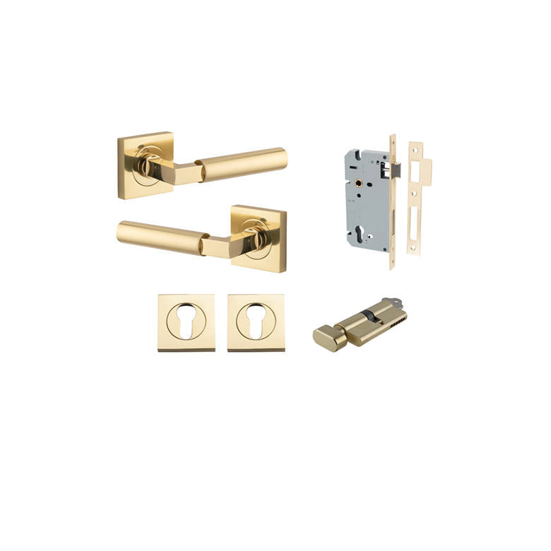 Berlin Lever Square Rose Entrance Kit w High Security Lock Polished Brass