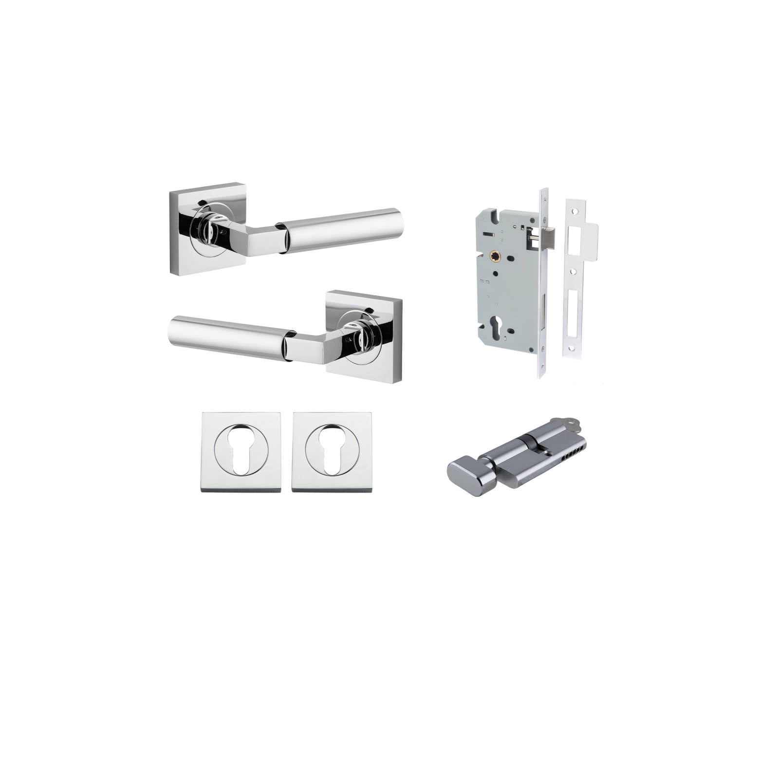 Berlin Lever Square Rose Entrance Kit w High Security Lock Polished Chrome