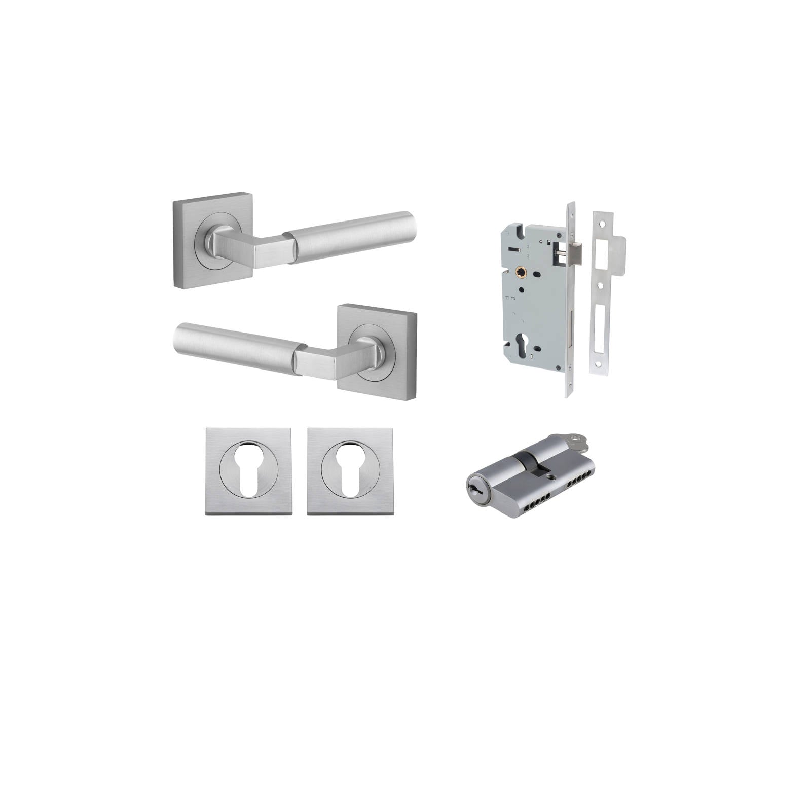 Berlin Lever Square Rose Entrance Kit w High Security Lock Brushed Chrome