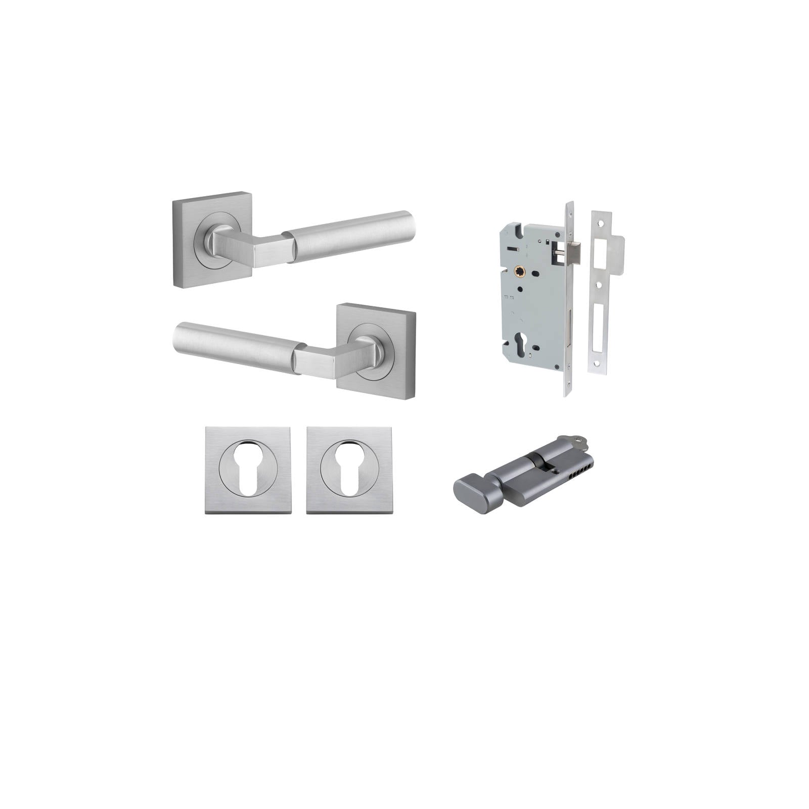 Berlin Lever Square Rose Entrance Kit w High Security Lock Brushed Chrome