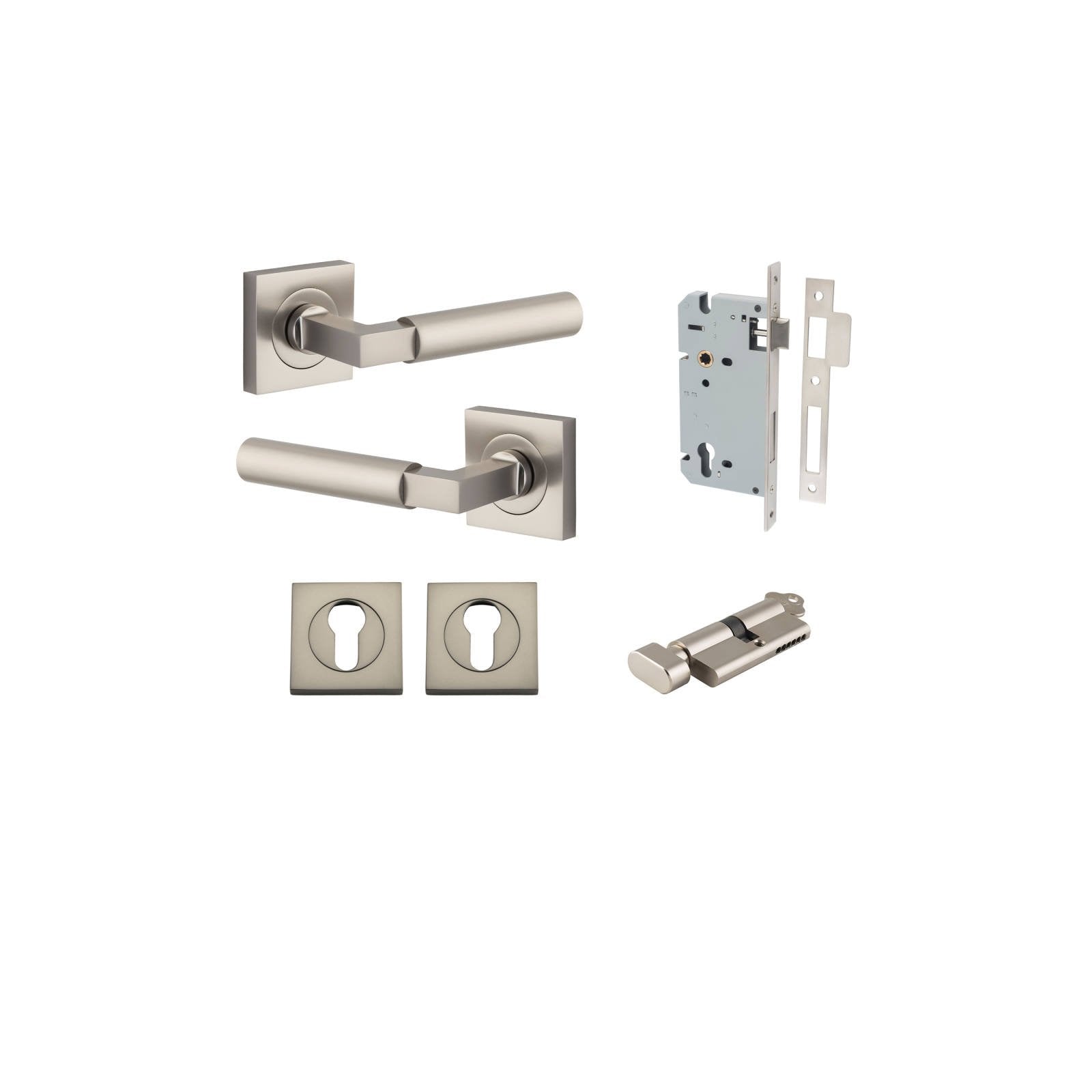 Berlin Lever Square Rose Entrance Kit w High Security Lock Satin Nickel