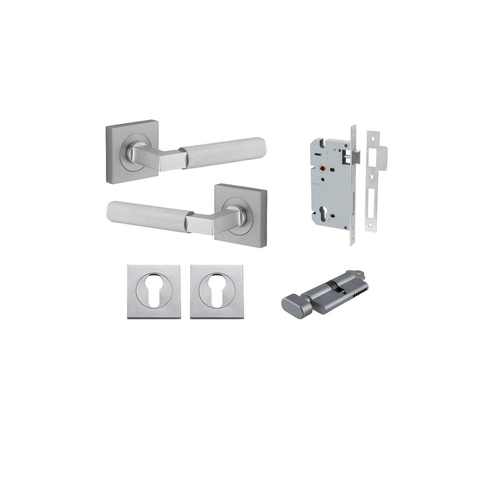 Brunswick Lever Square Rose Entrance Kit w High Security Lock Brushed Chrome