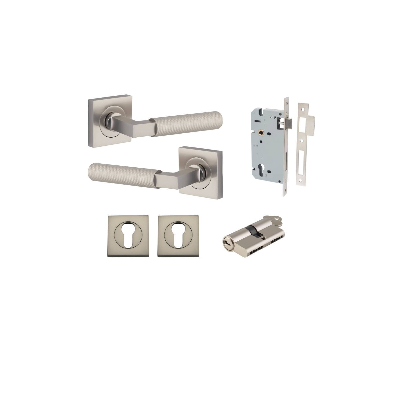 Brunswick Lever Square Rose Entrance Kit w High Security Lock Satin Nickel