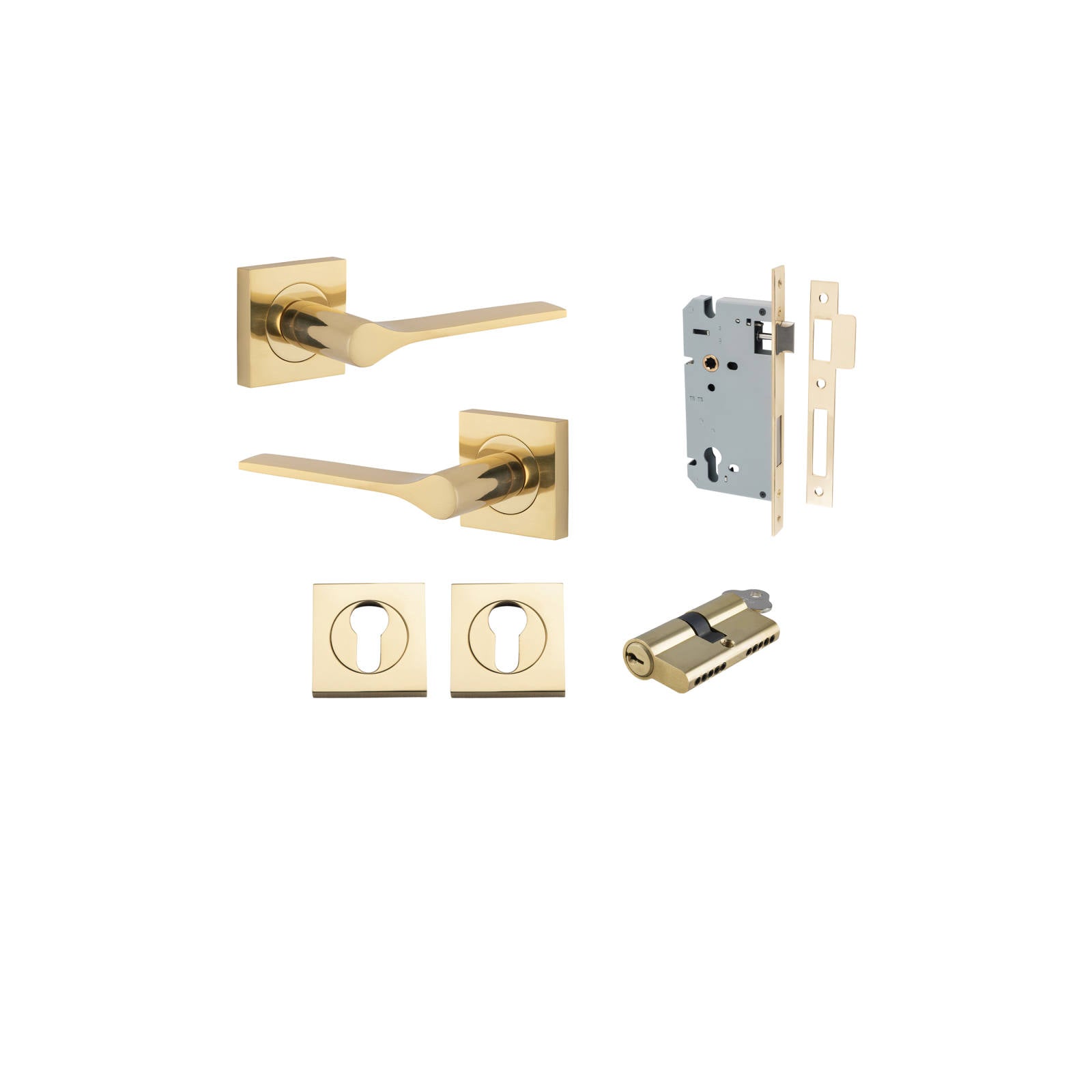 Como Lever Square Rose Entrance Kit w High Security Lock Polished Brass