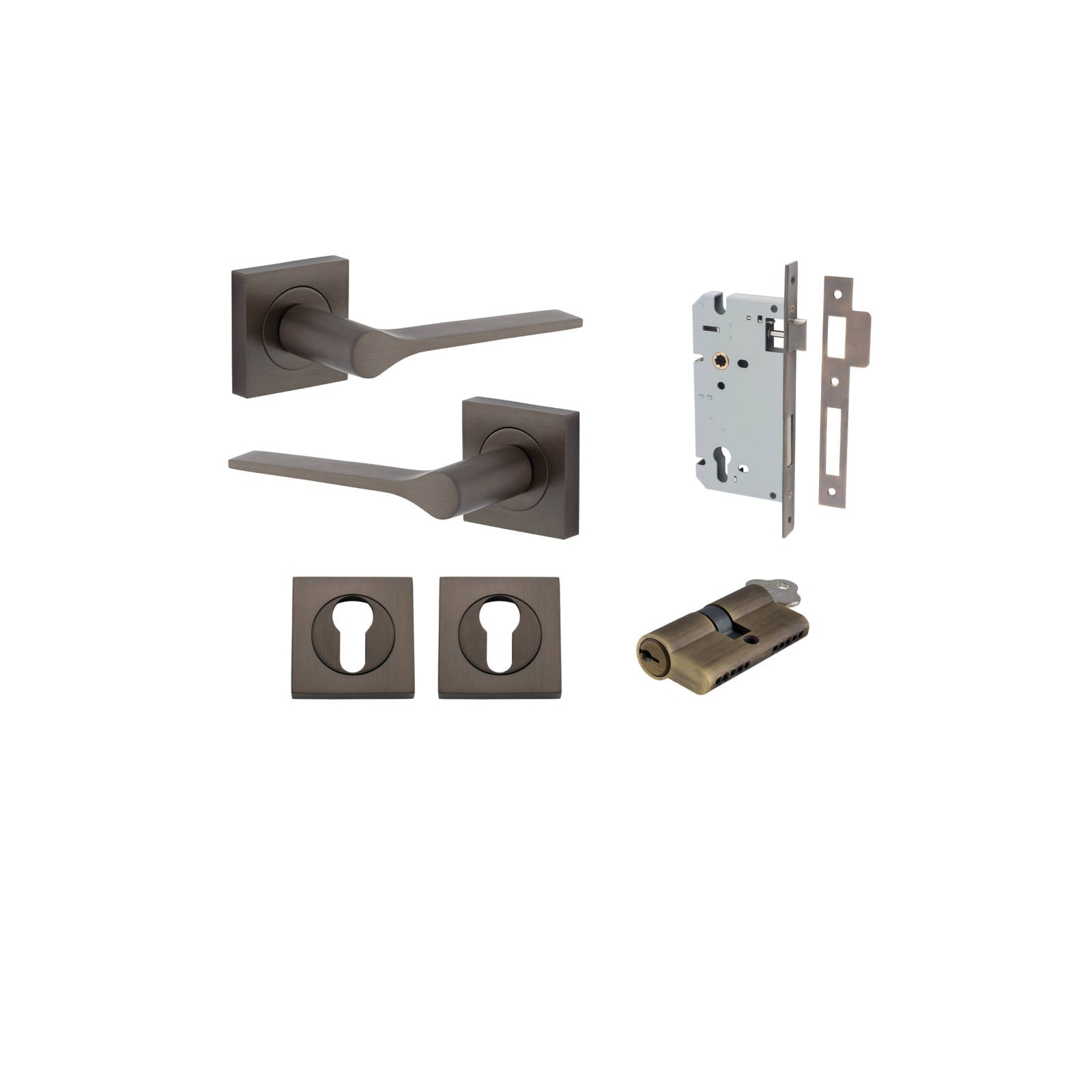 Como Lever Square Rose Entrance Kit w High Security Lock Signature Brass
