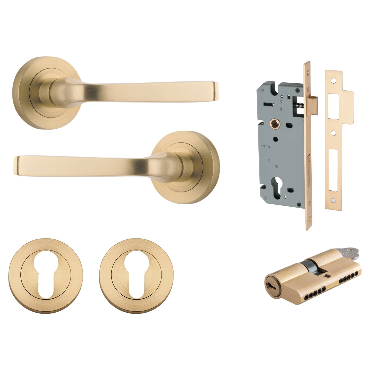 Annecy Lever Round Rose Entrance Kit w Separate High Security Lock Brushed Brass