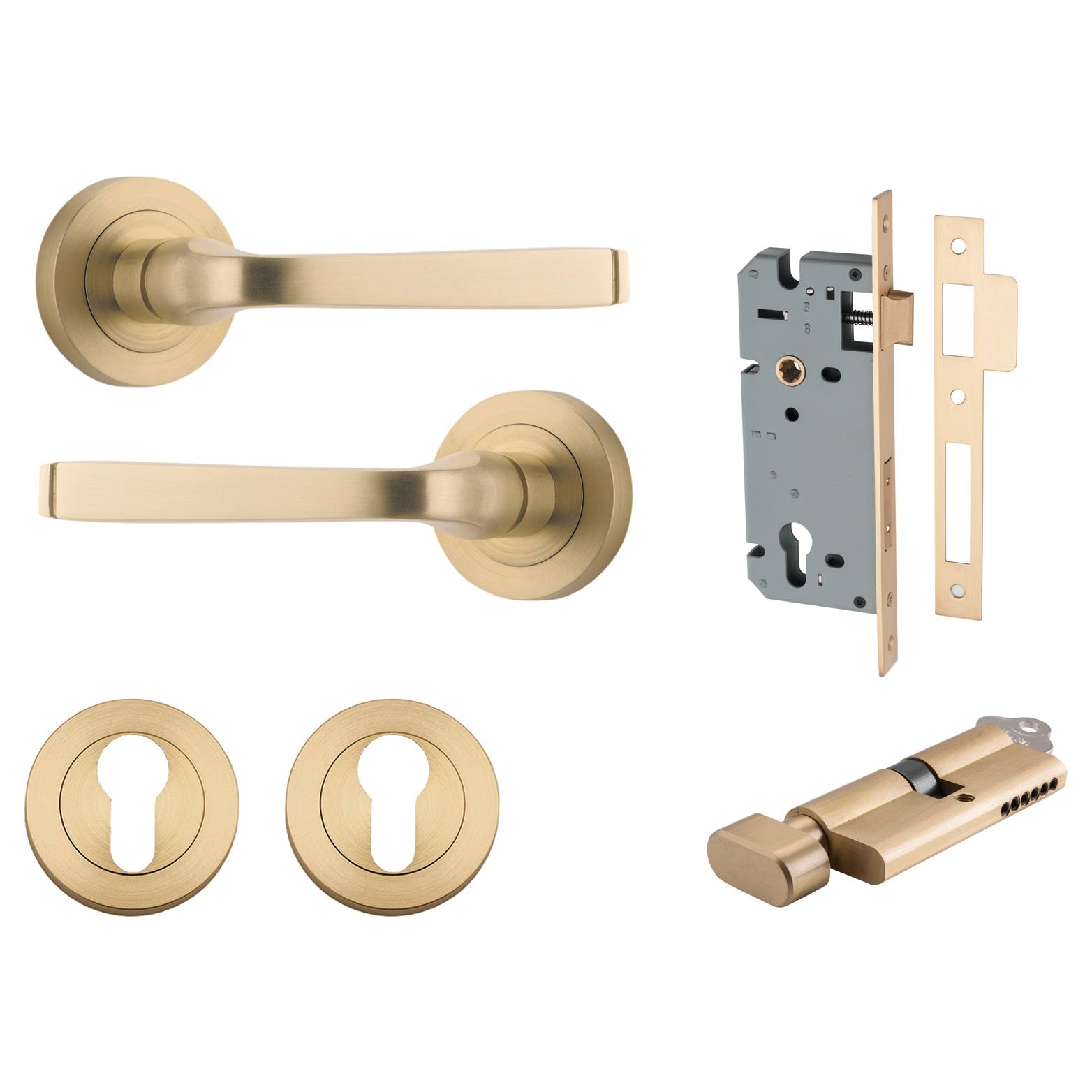 Annecy Lever Round Rose Entrance Kit w Separate High Security Lock Brushed Brass