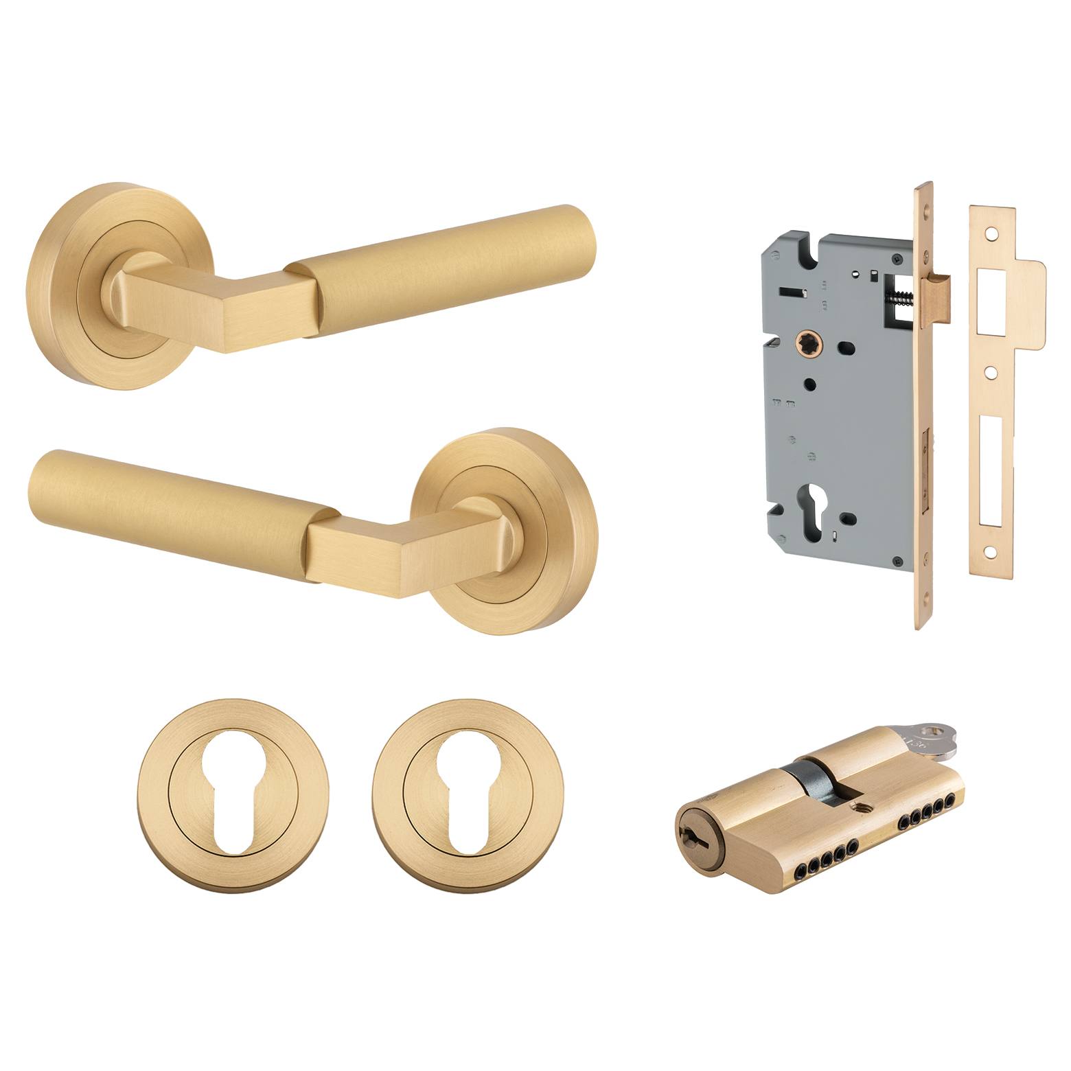 Berlin Lever Round Rose Entrance Kit w High Security Lock Brushed Brass