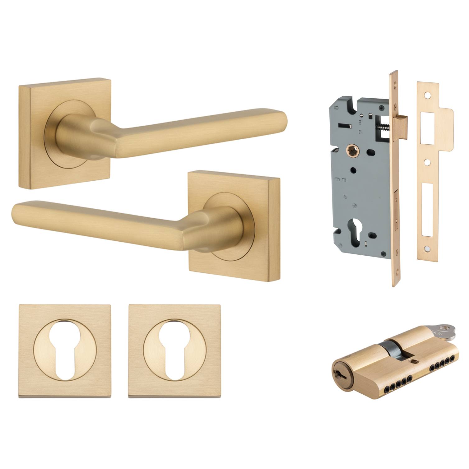 Baltimore Lever Square Rose Entrance Kit w Separate High Security Lock Brushed Brass