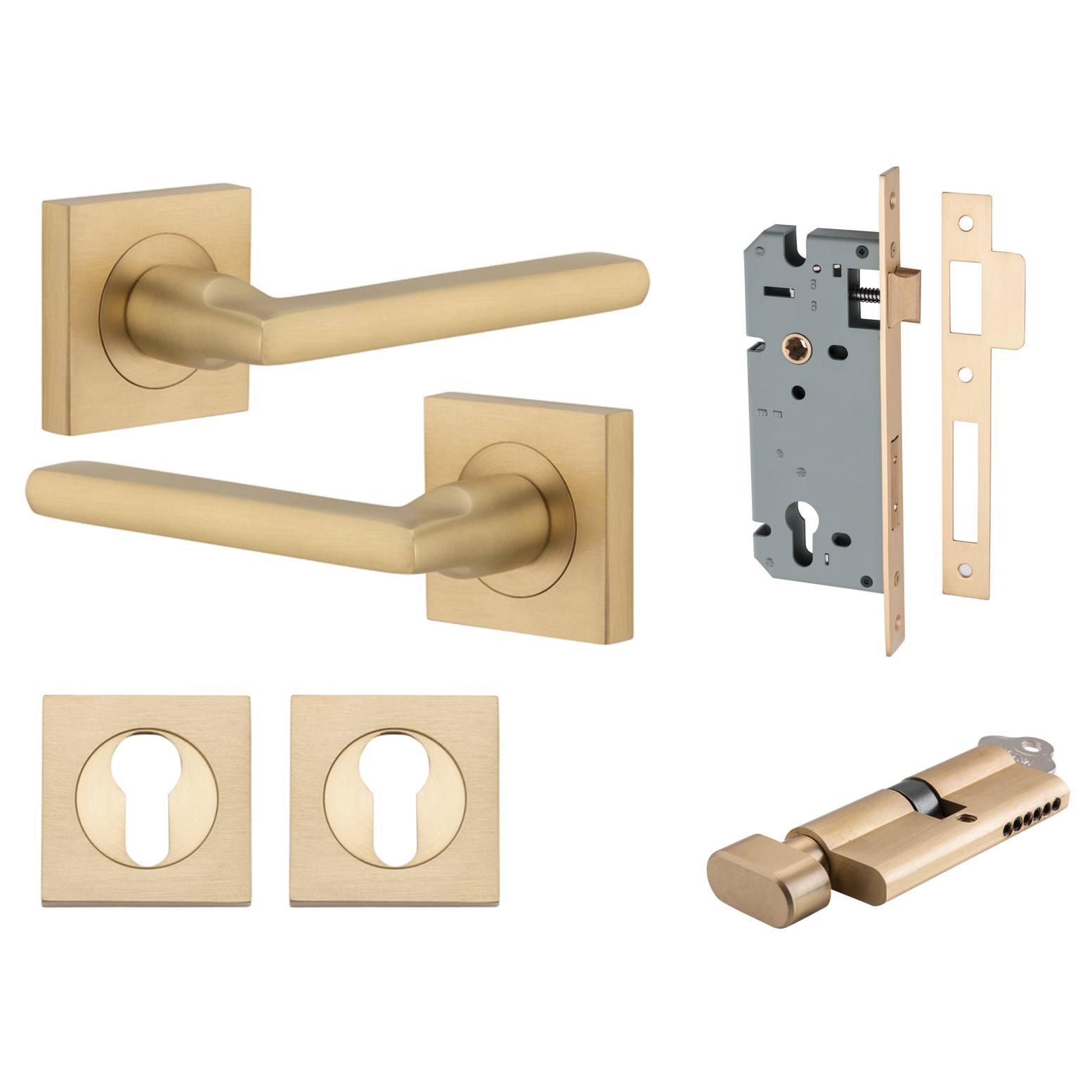 Baltimore Lever Square Rose Entrance Kit w Separate High Security Lock Brushed Brass