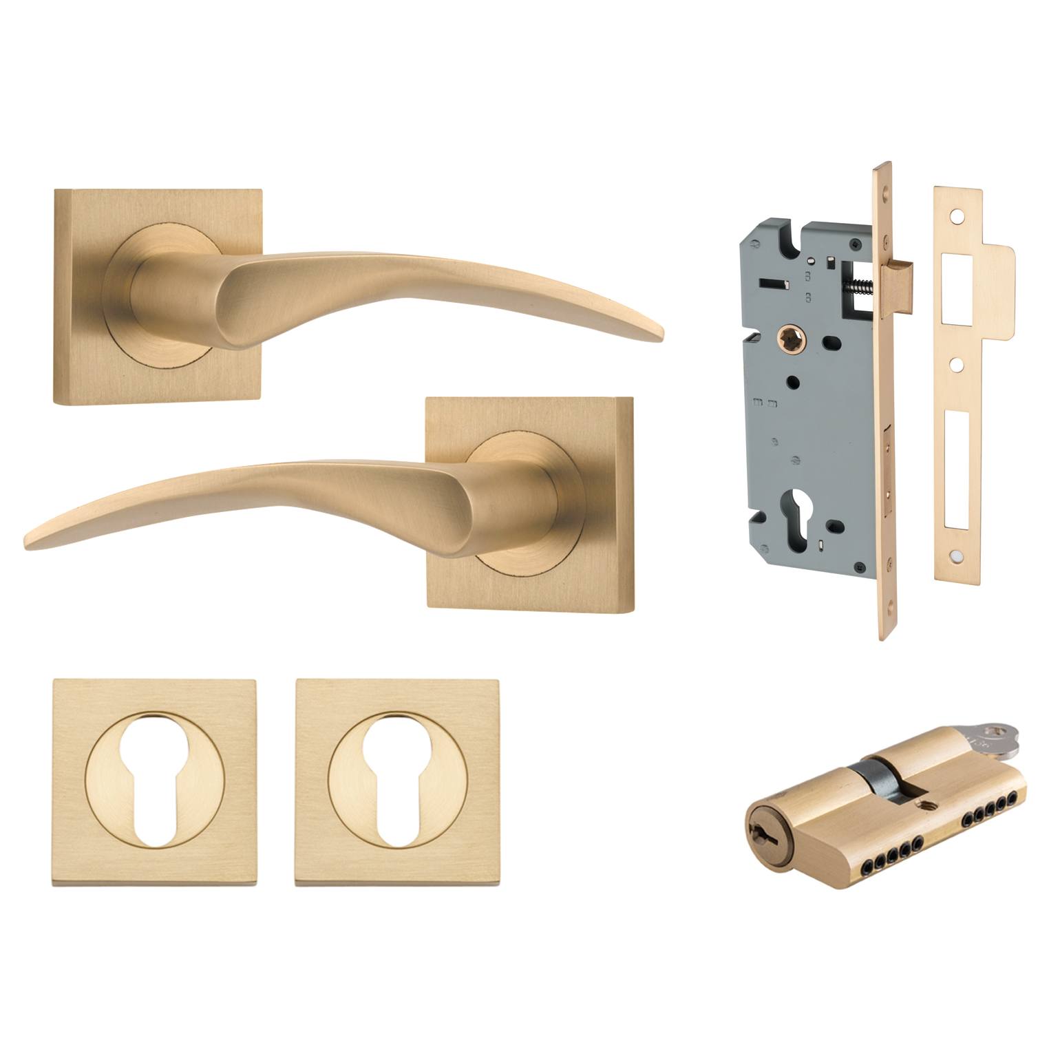 Oxford Lever Square Rose Entrance Kit w Separate High Security Lock Brushed Brass
