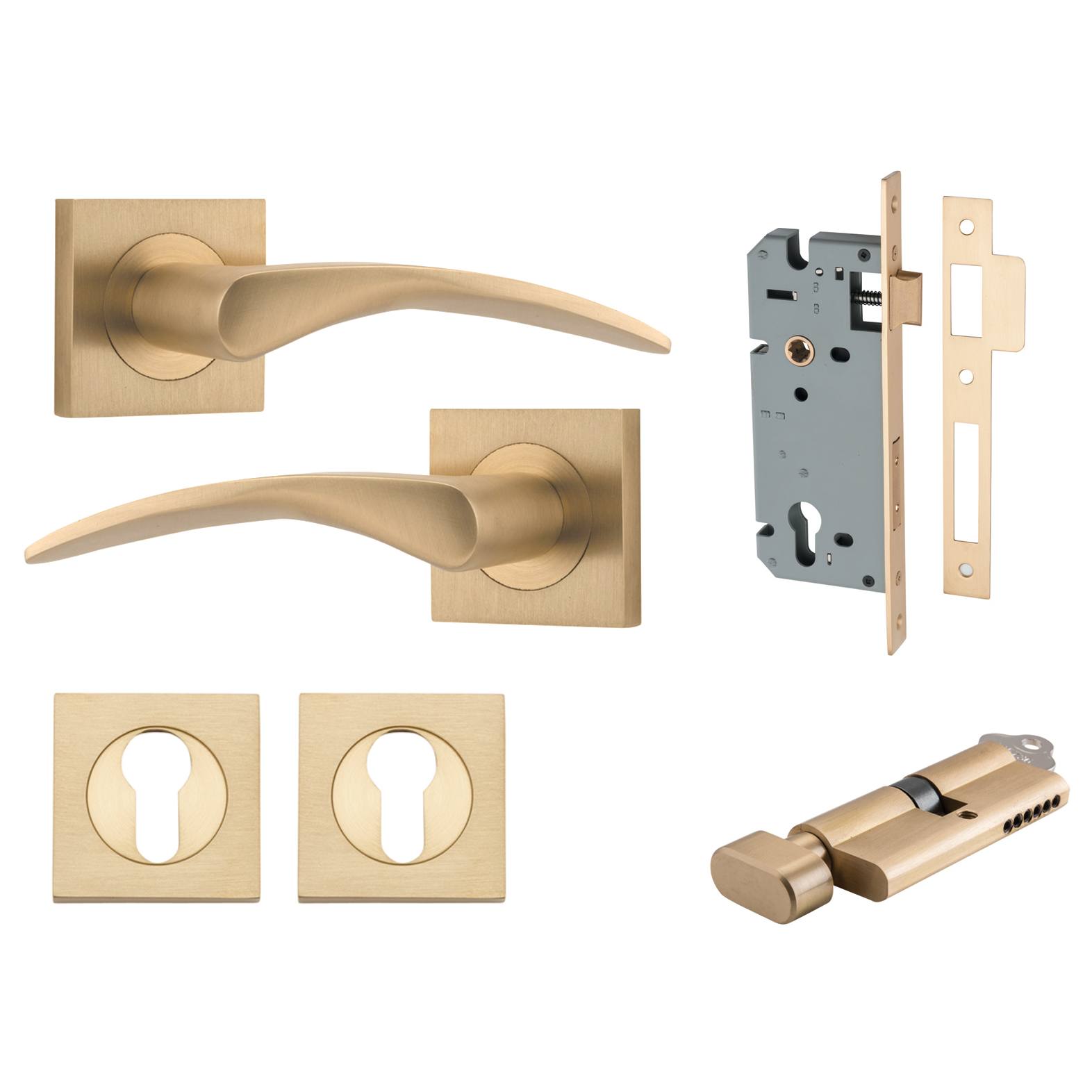 Oxford Lever Square Rose Entrance Kit w Separate High Security Lock Brushed Brass