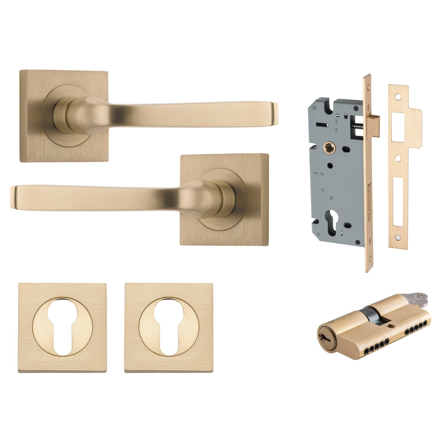 Annecy Lever Square Rose Entrance Kit w Separate High Security Lock Brushed Brass