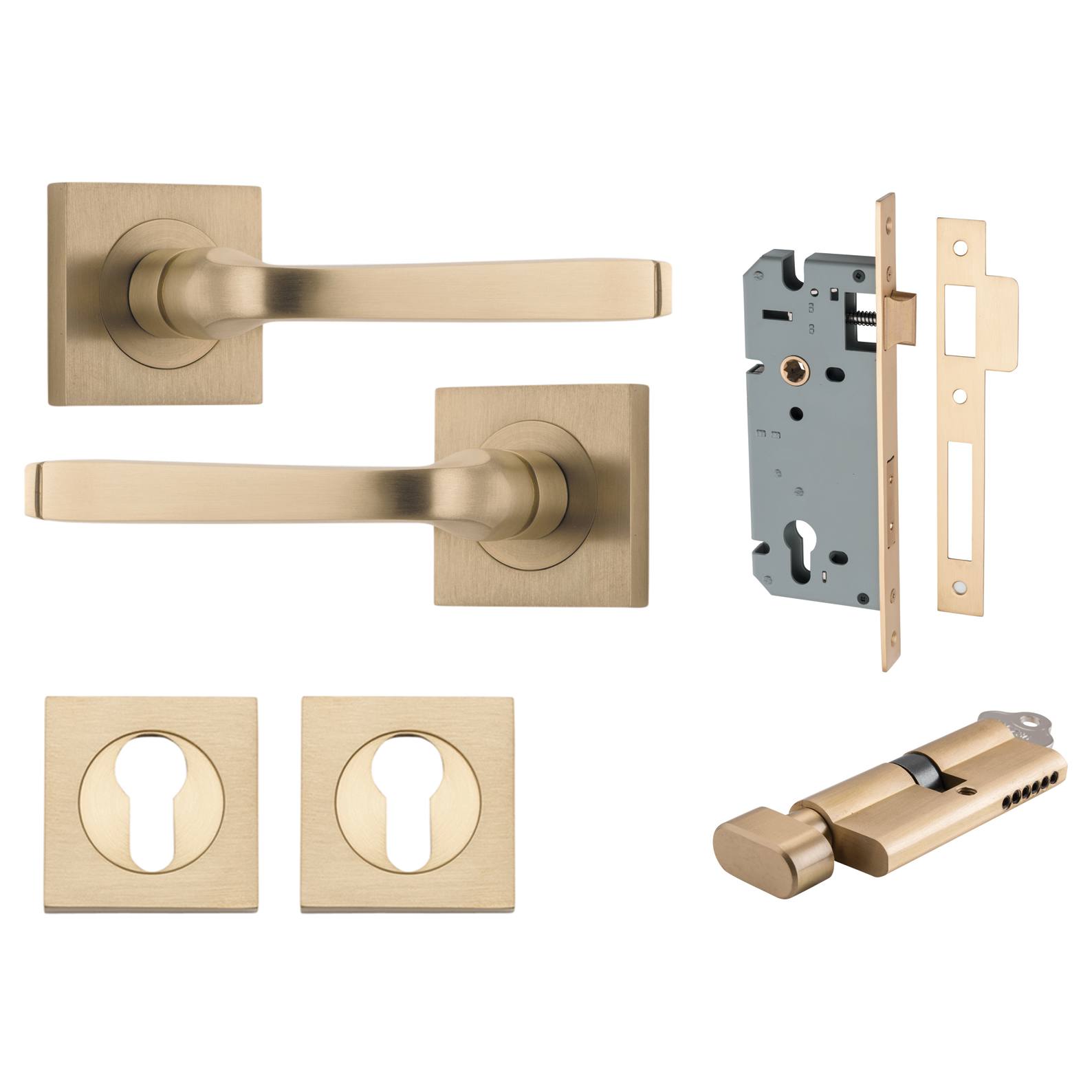 Annecy Lever Square Rose Entrance Kit w Separate High Security Lock Brushed Brass
