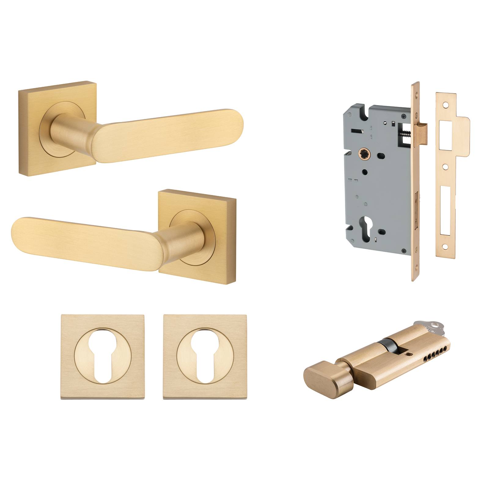 Bronte Lever Square Rose Entrance Kit w High Security Lock Brushed Brass