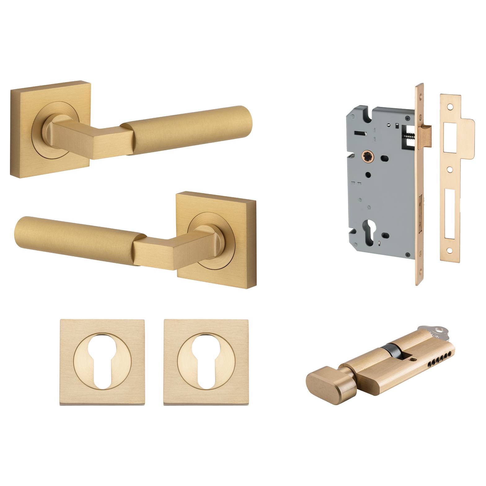 Berlin Lever Square Rose Entrance Kit w High Security Lock Brushed Brass