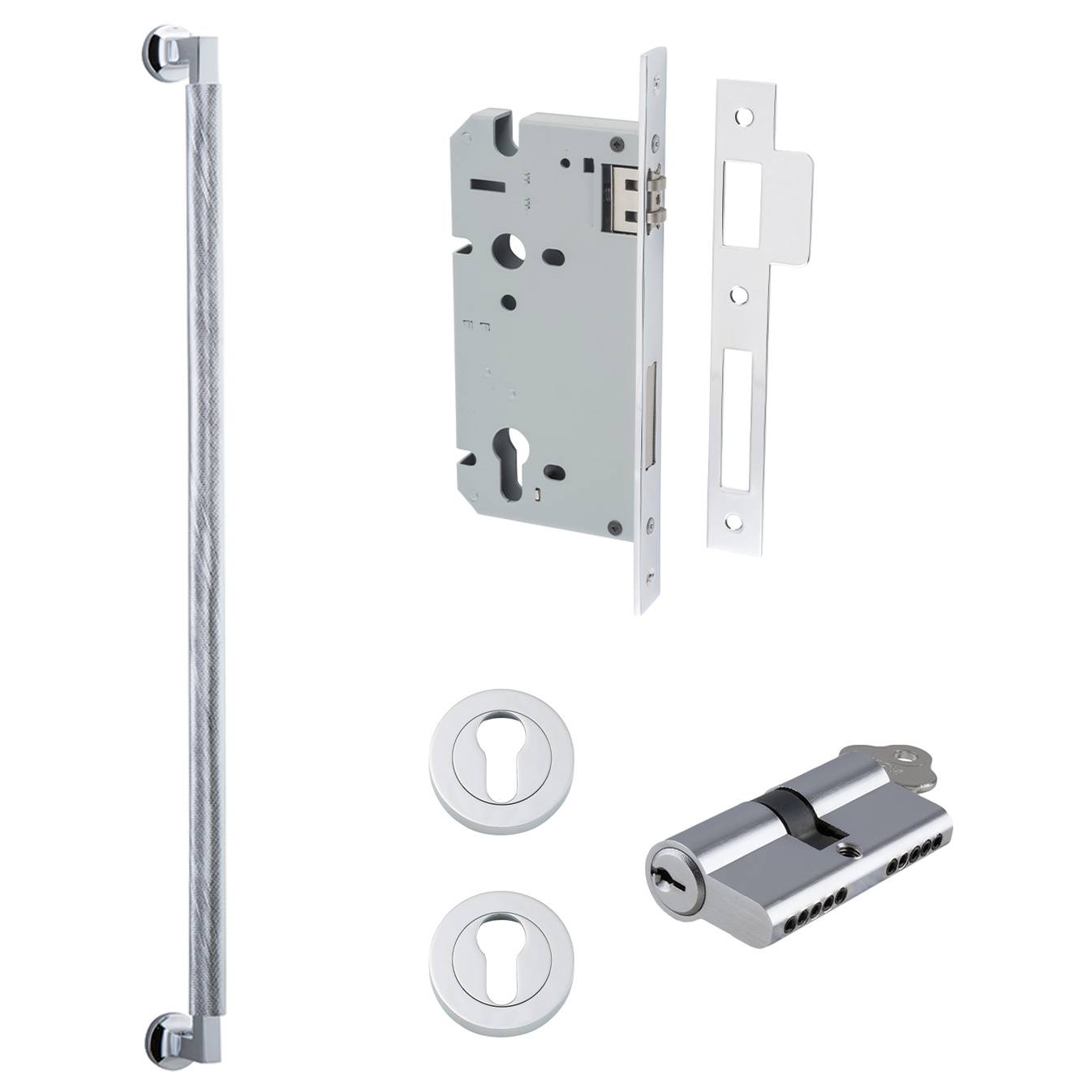 Brunswick Pull Handle 600mm Entrance Kit w Separate High Security Lock Polished Chrome